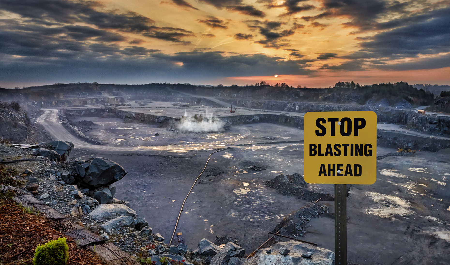 3M/quarry/explosion/blast zone/warning sign/sunset/industrial photography/InsideOut Studios