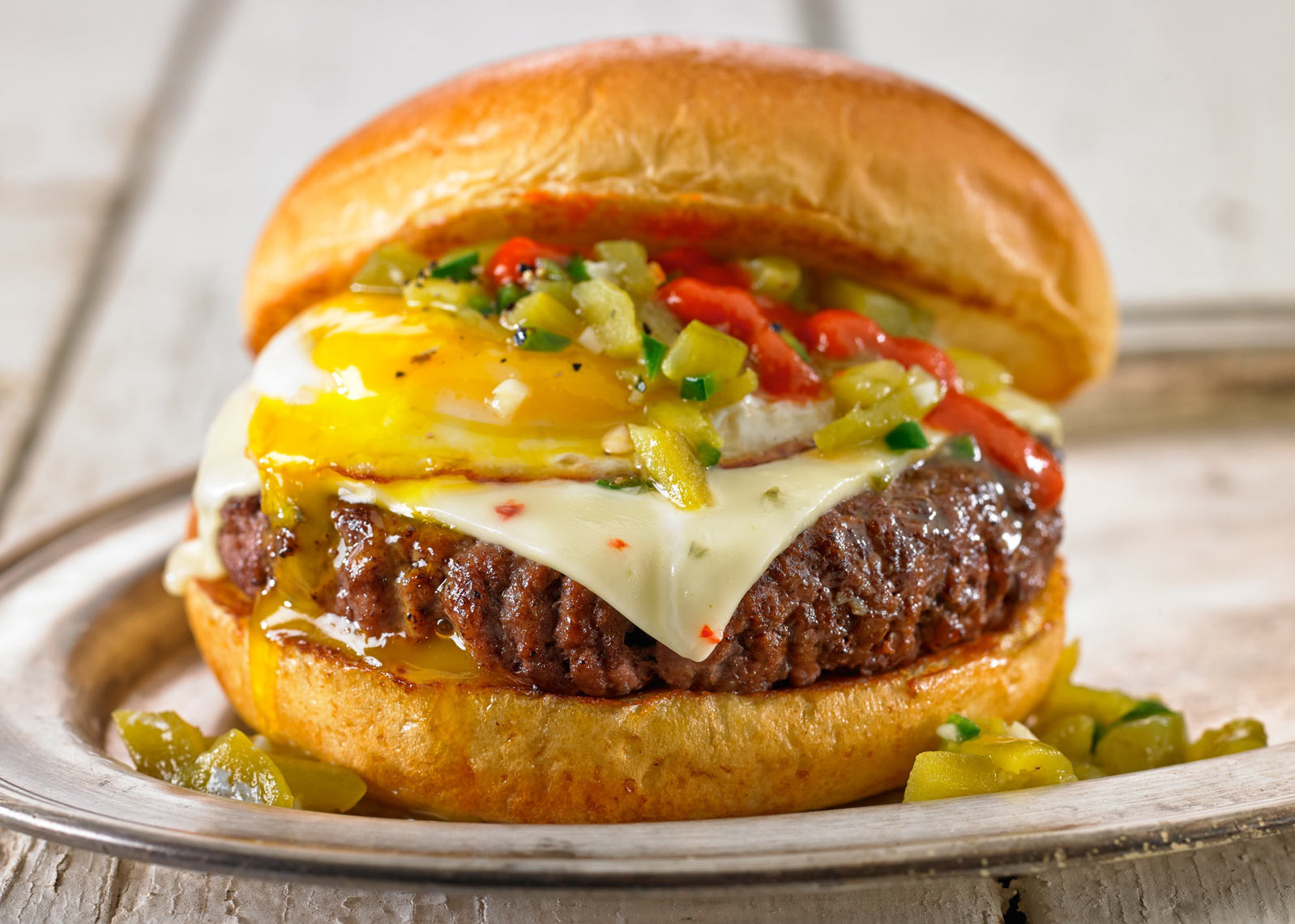 Big Cheeseburger/peppers/silver platter/egg/food photography