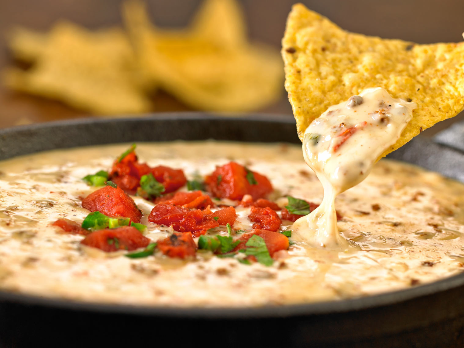 White queso/corn tortilla chip/dipping/food photography