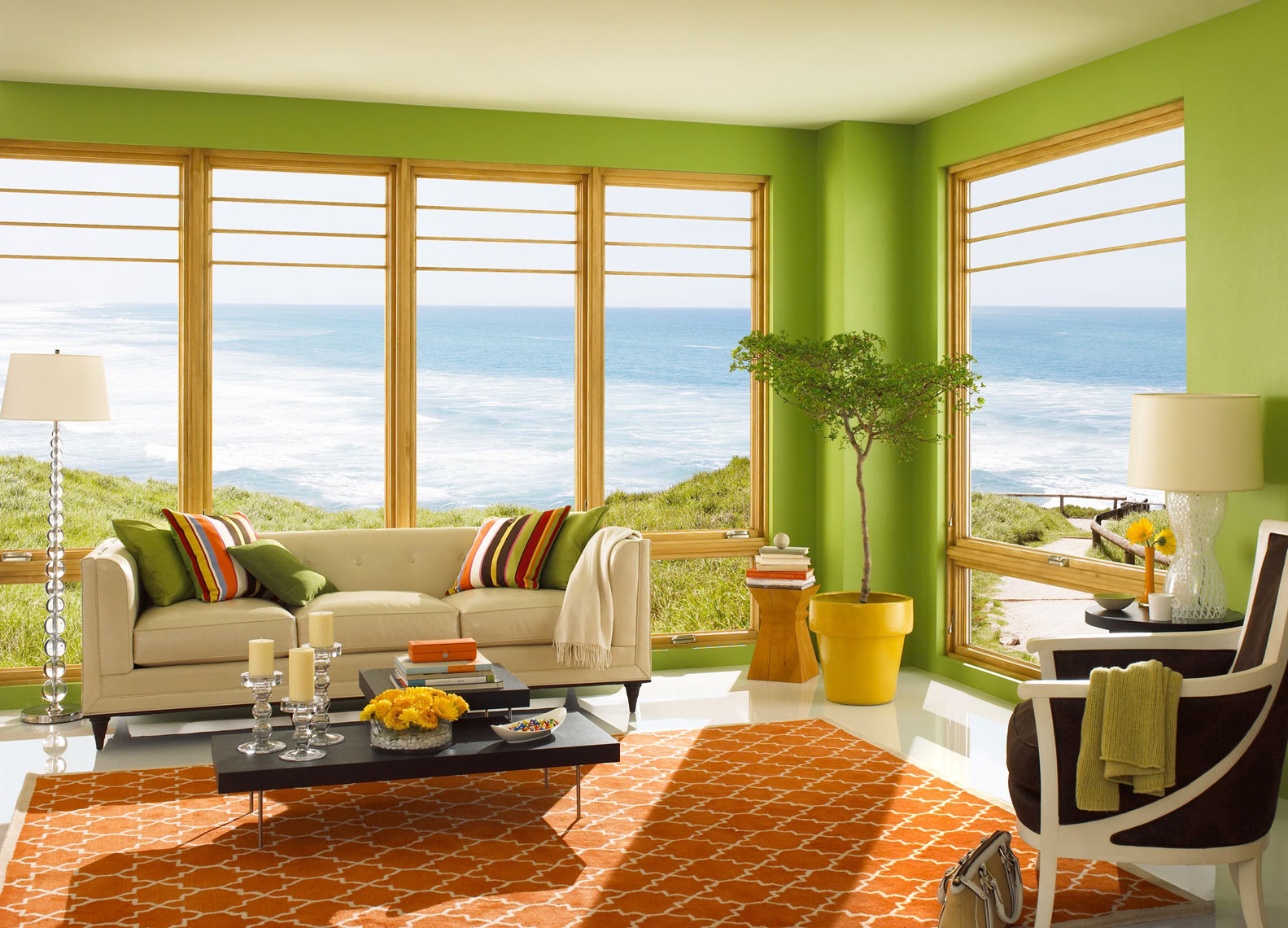 Coastal green living room/Marvin Windows/studio set photography