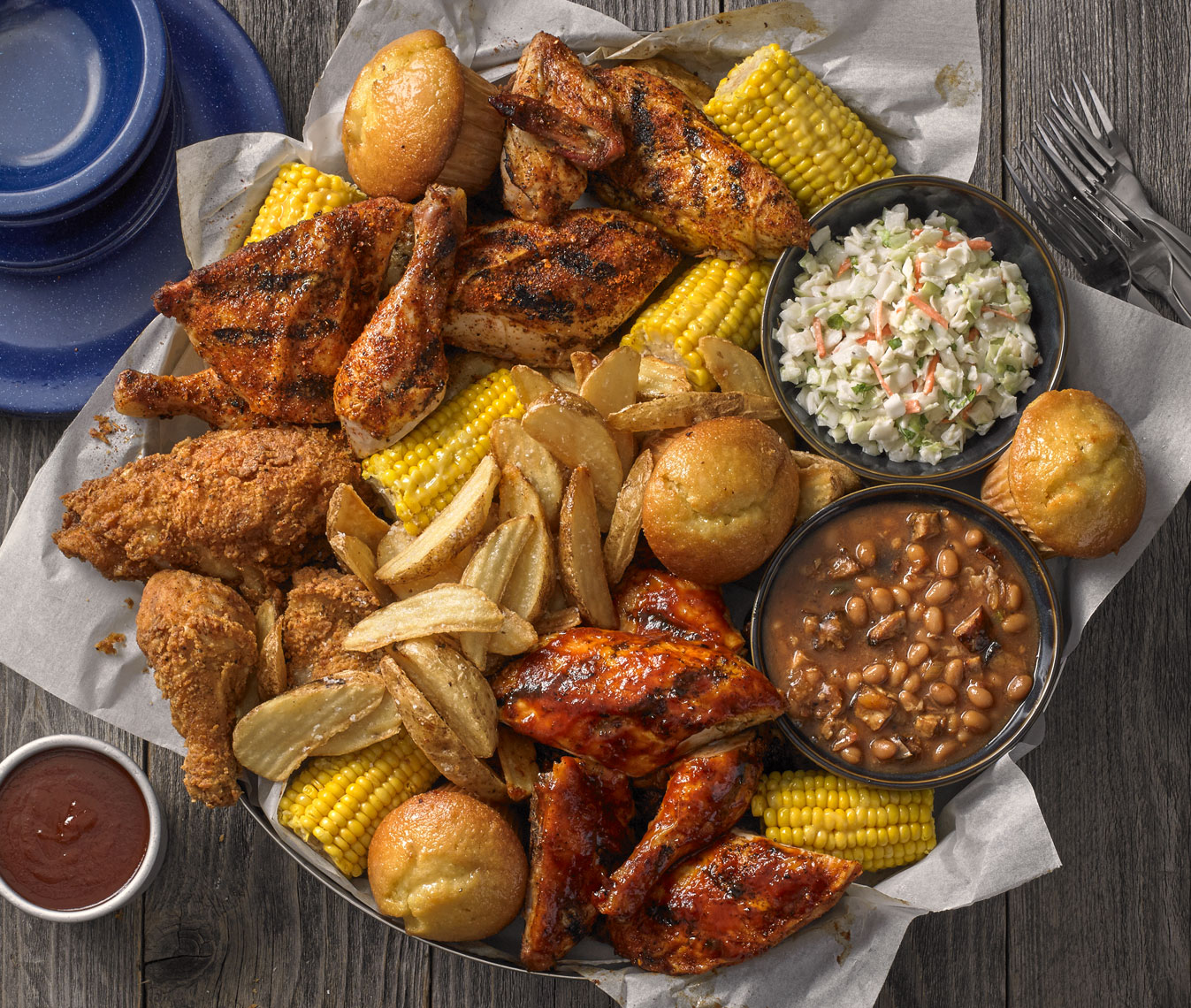 BBQ Chicken various Sides top Down On Wood food Photography
