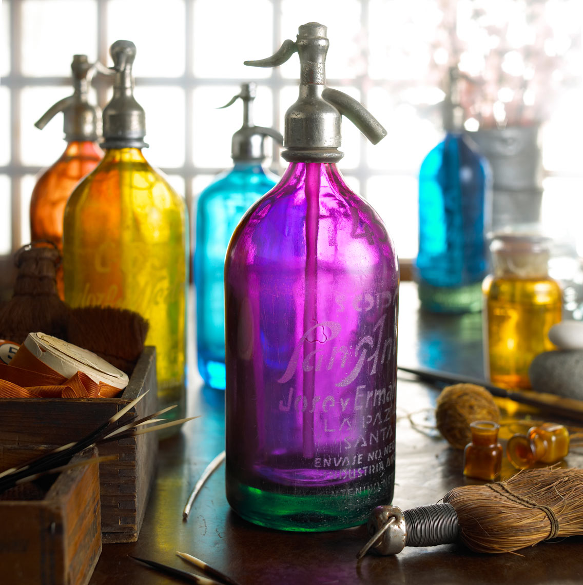 Colored charged water bottles/product photography