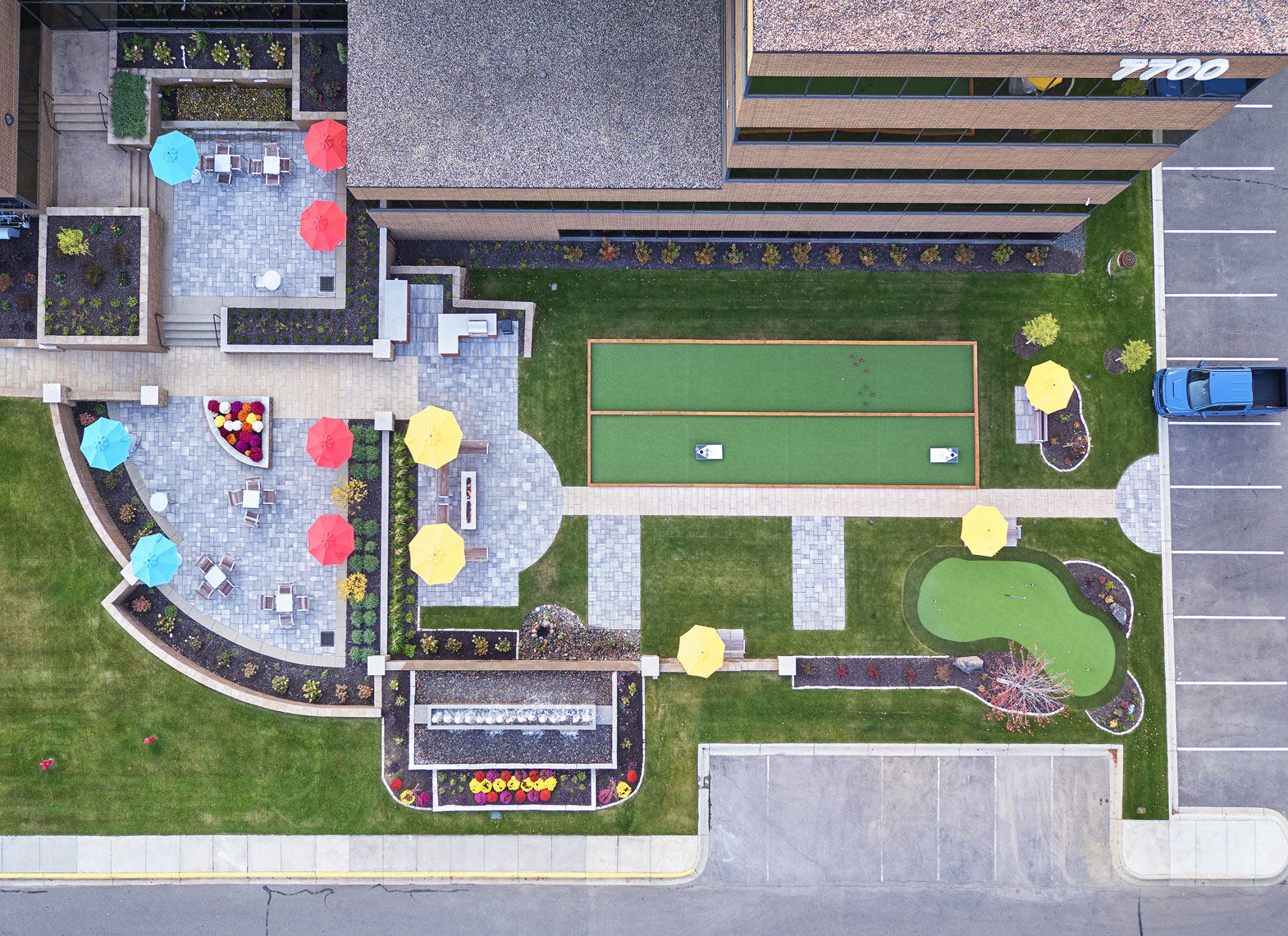 Drone/France Ave/patio/umbrellas/outdoor recreation/InsideOut Studios