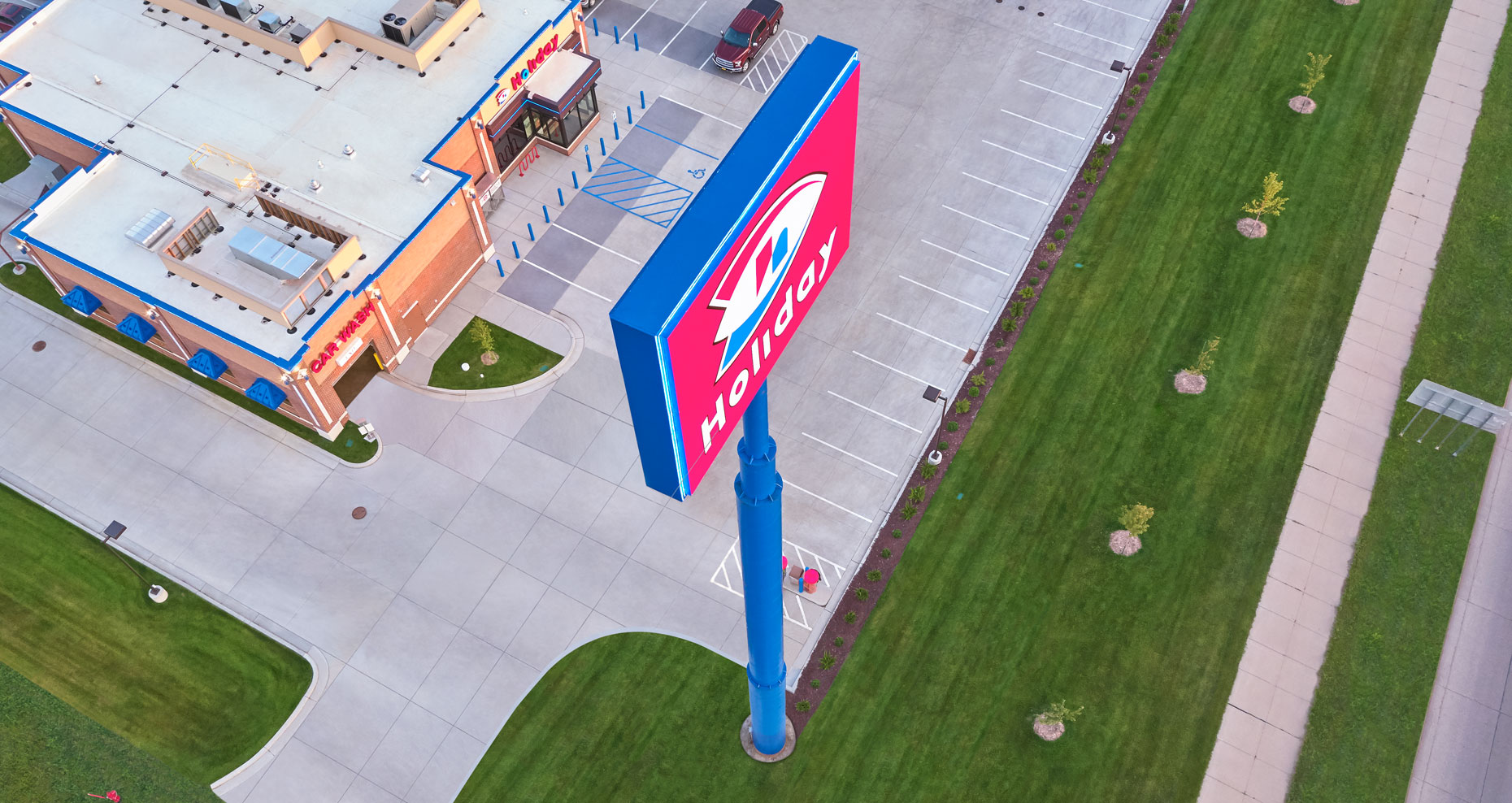 Holiday gas station sign/arial drone photography