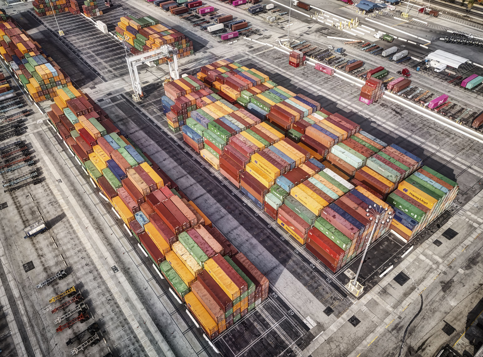Containers in staging area/shipping/industrial drone photography