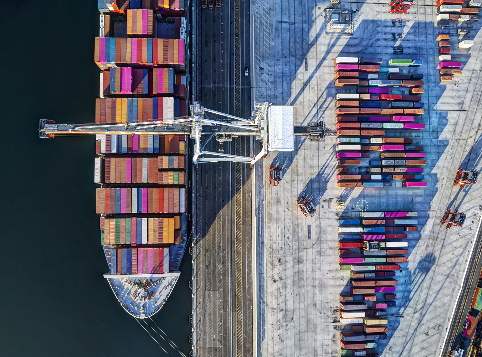 Container ship/San Diago harbor/multi colored/drone photo