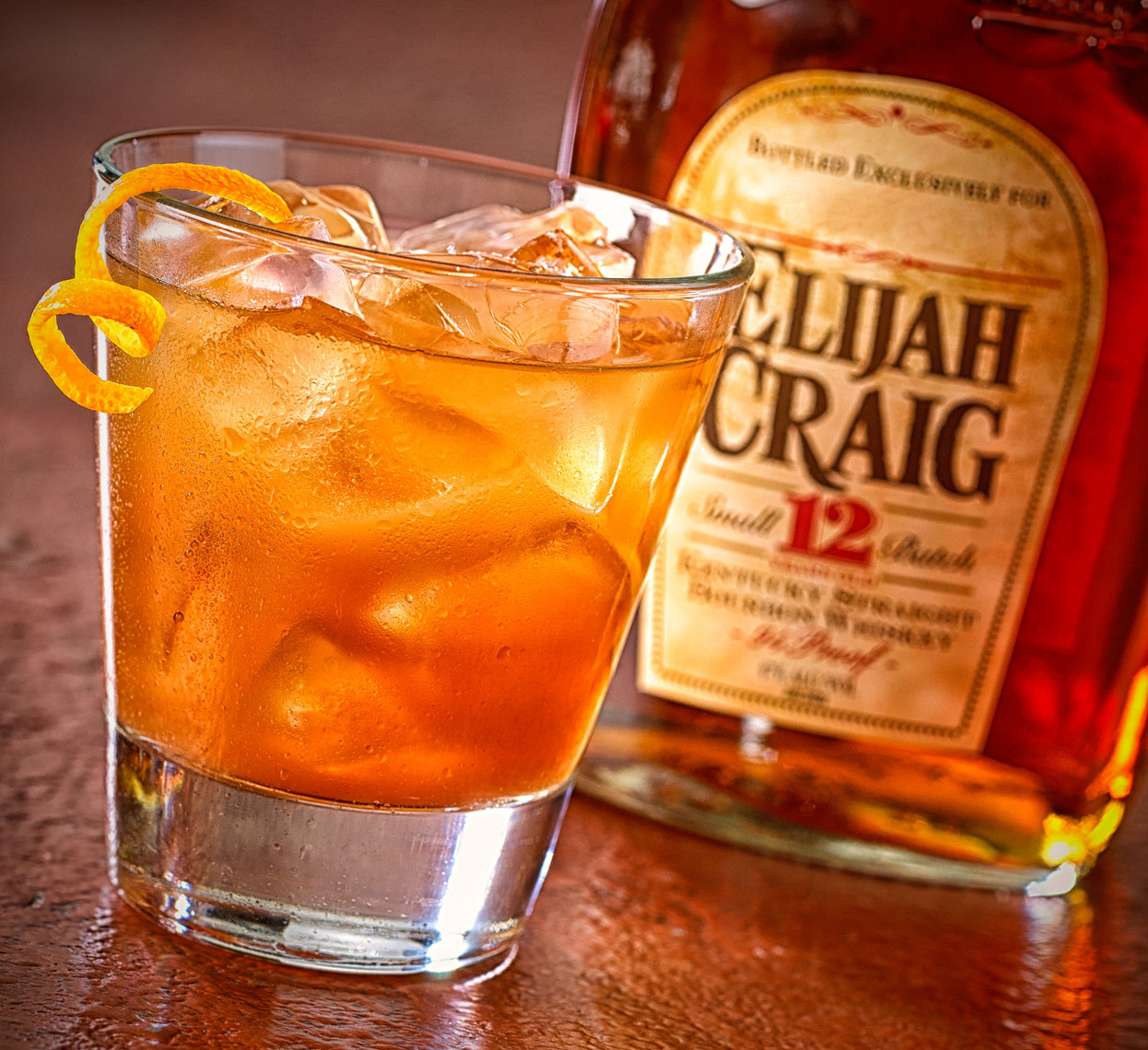 Elijah Craig on the rocks/orange curl/food photography
