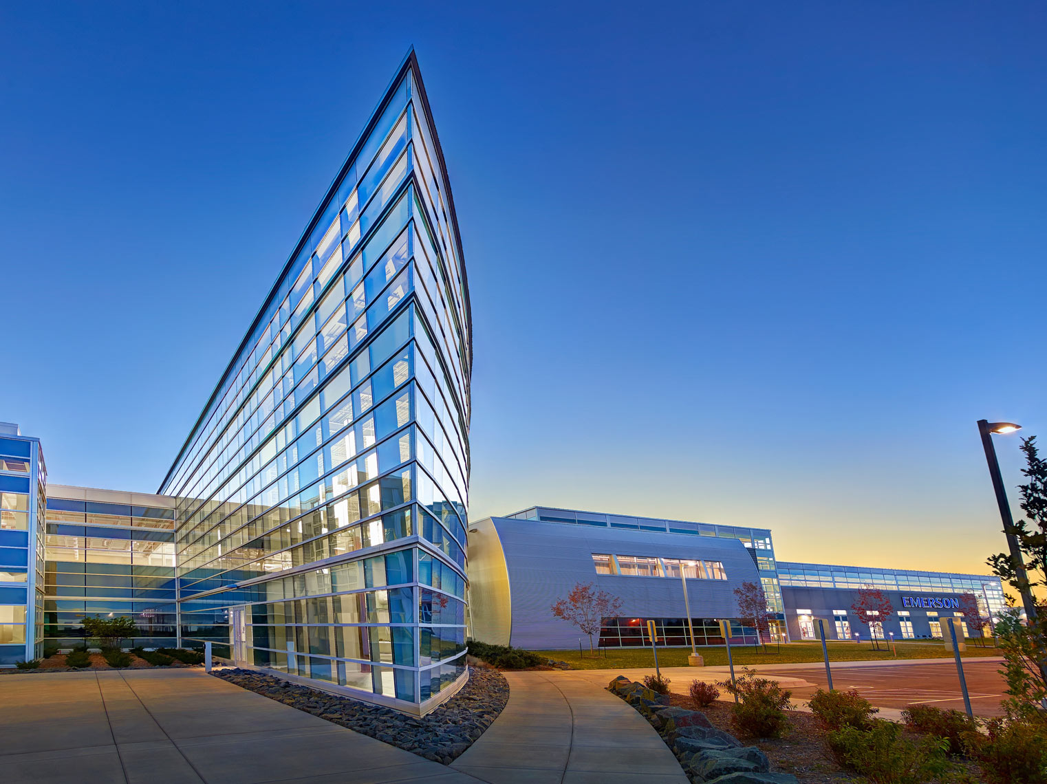 Emerson Corp./The large angled glass entry/architectural photo