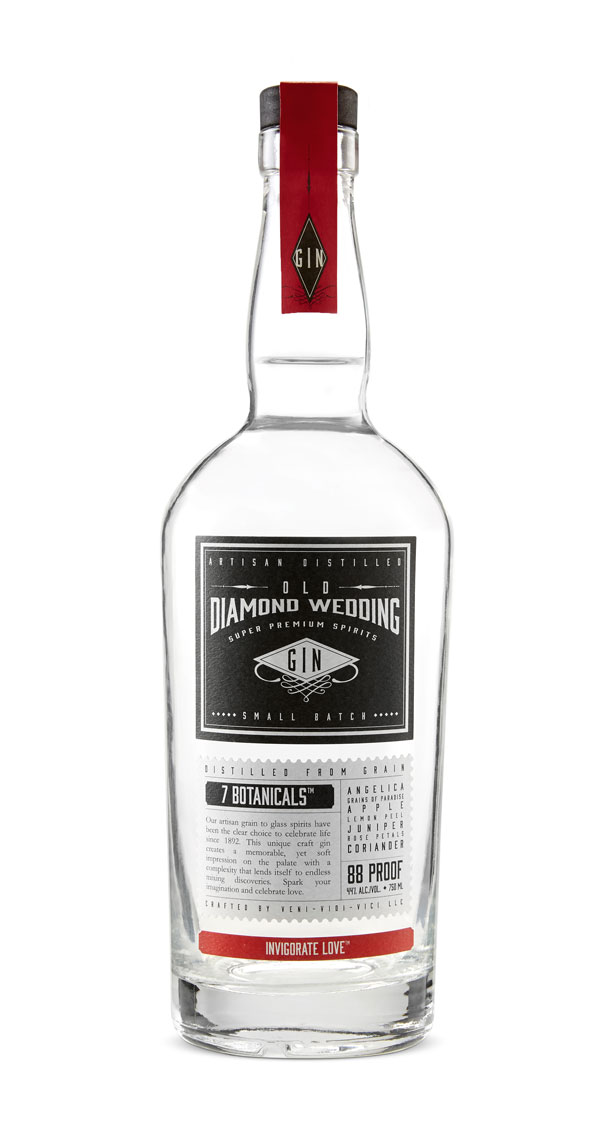 Old Diamond Wedding Gin.  Bottle on white, black front label, red top label