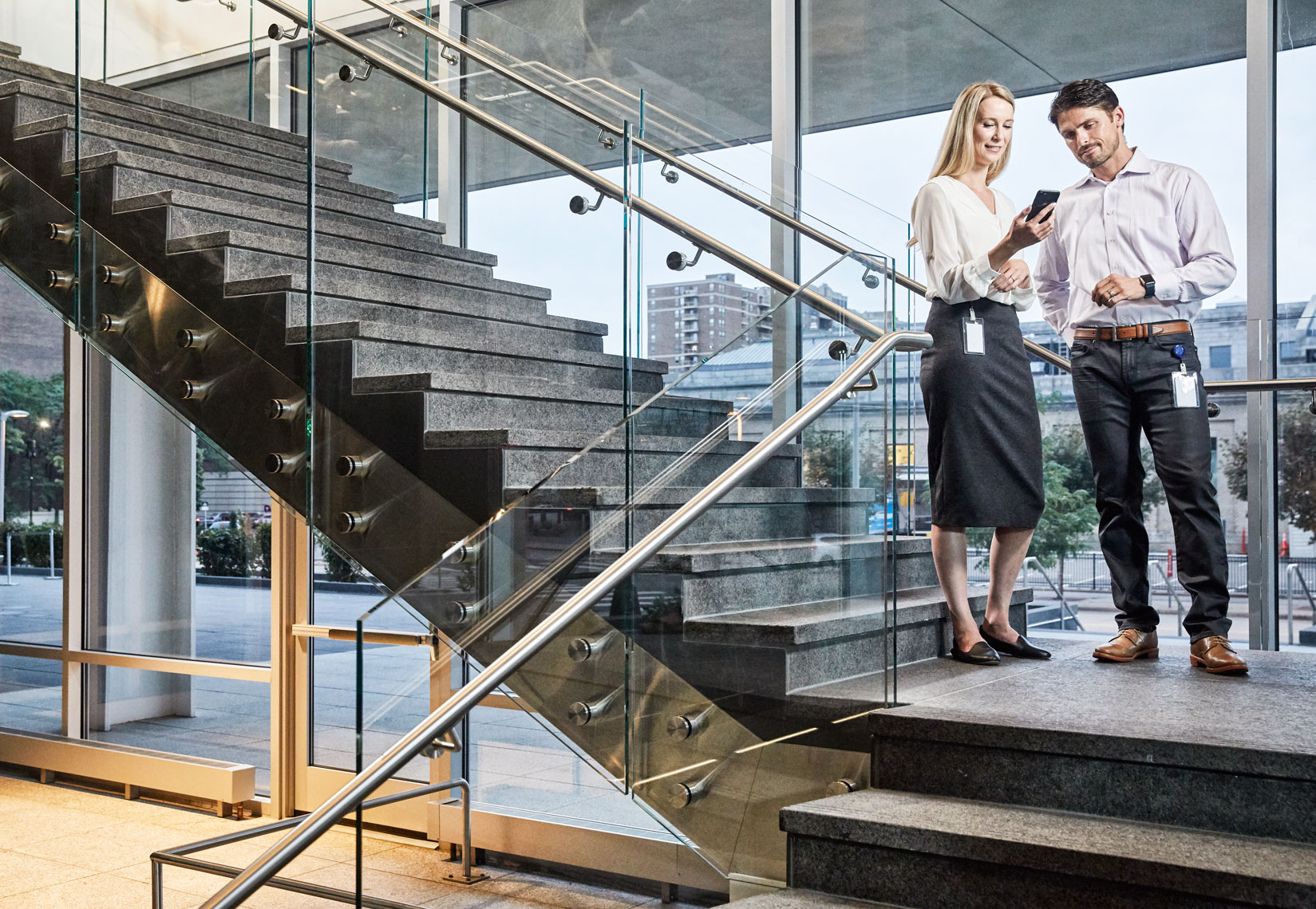 business lobby/man woman/stairs/business photography