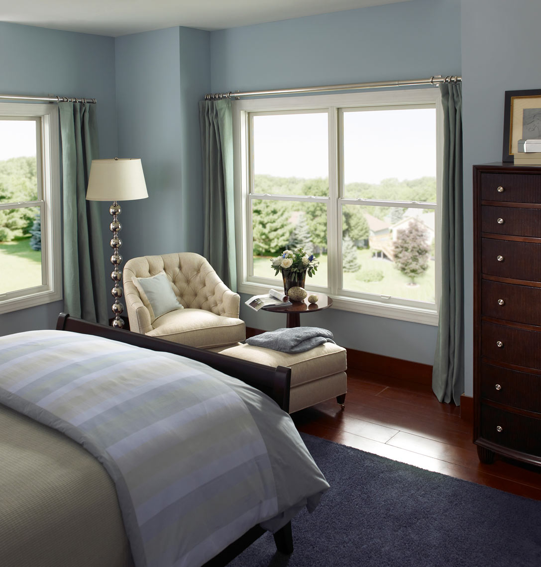 Bedroom/blue walls/Marvin Windows/studio set photography