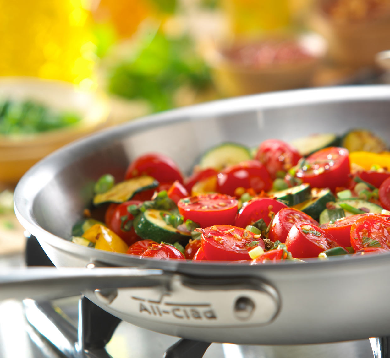 All Clad skillet/tomatoes/zucchini/peppers/food photography