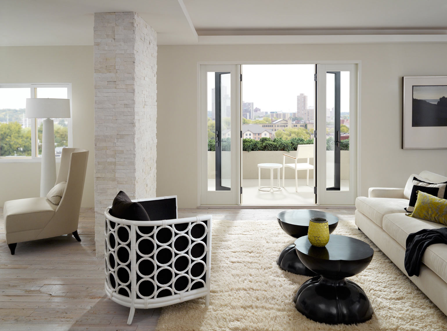 Interior/french doors/wood floor/city/Marvin Windows/studio set photography