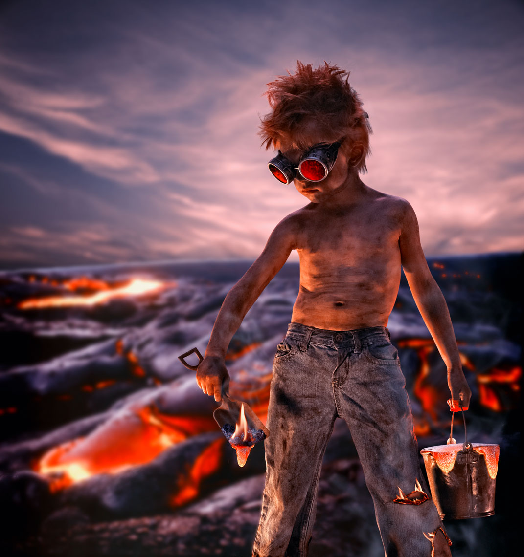 Lava Boy/steampunk/shovel/lava flow/lifestyle photography