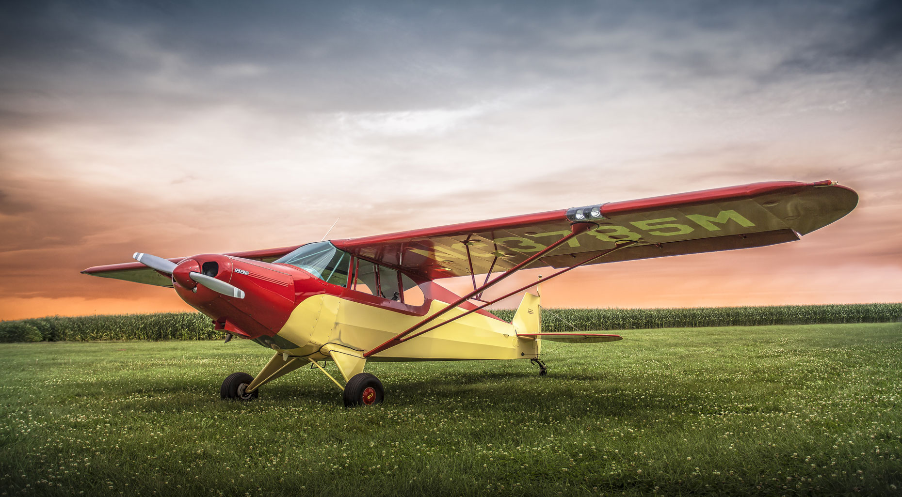 Plane/red yellow/grassy field/red blue sunset/aviation photography
