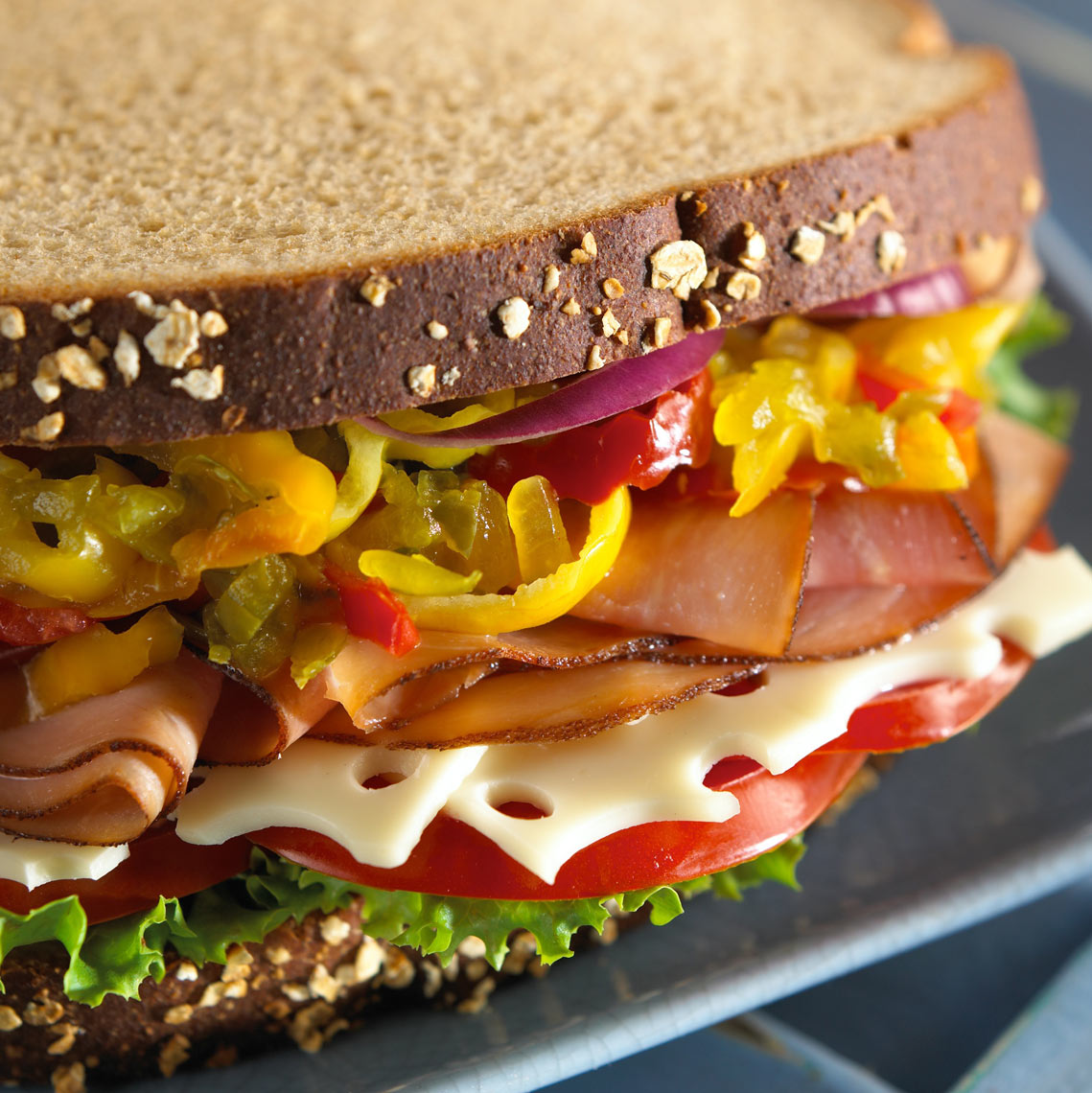 Ham and swiss sandwich/lettuce/tomato/food photography