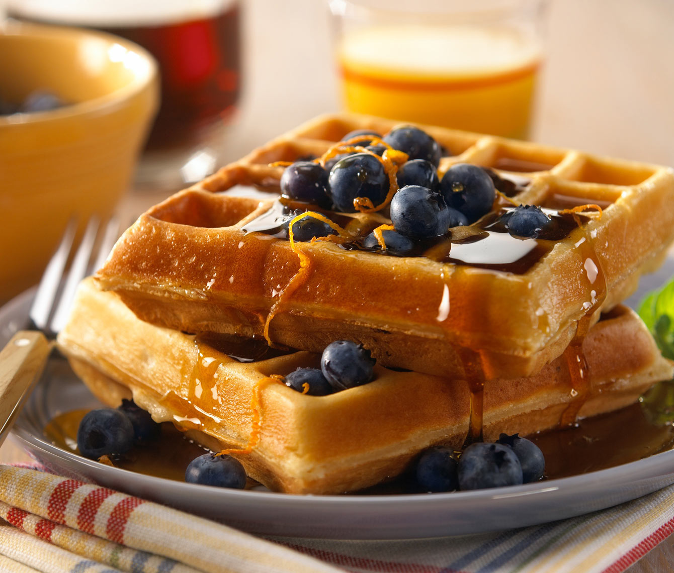 Waffles/blueberries/syrup/food photography