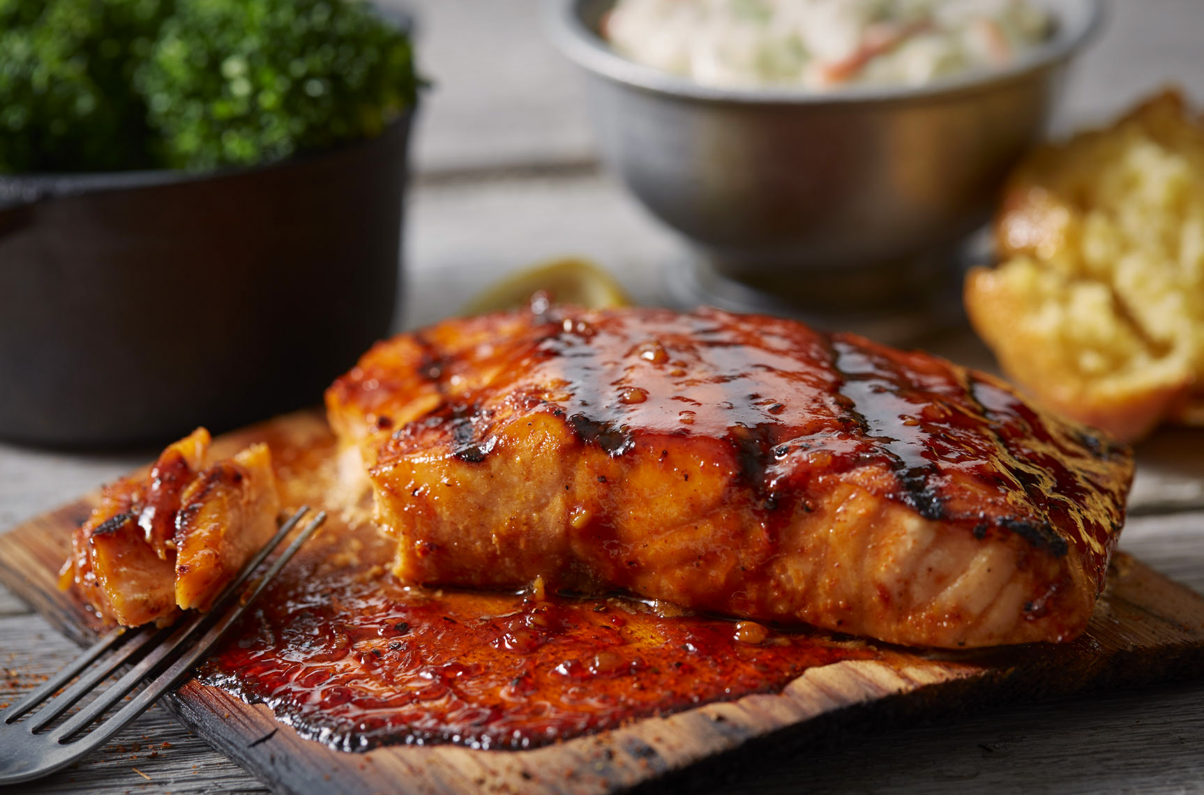 Cedar grilled salmon/glaze/various sides /food photography