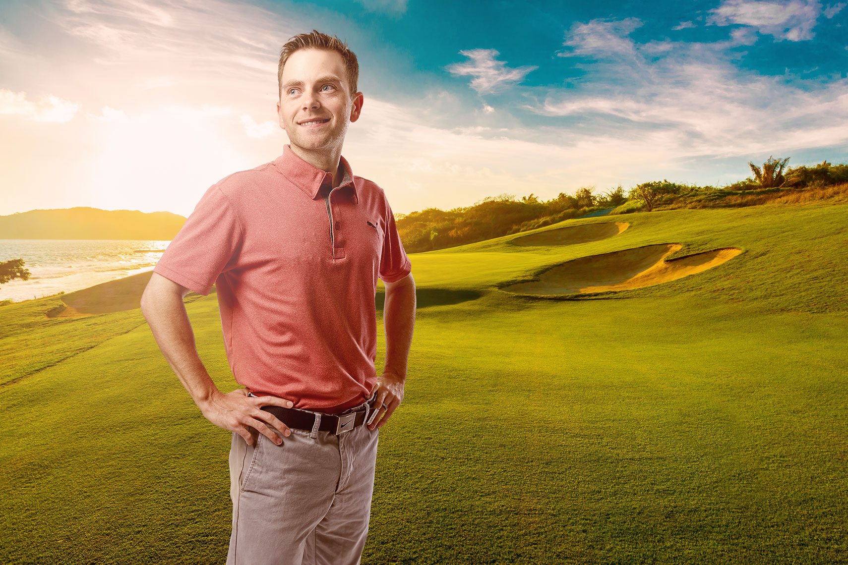 Man on golf course/backlit/pink shirt/lifestyle photography
