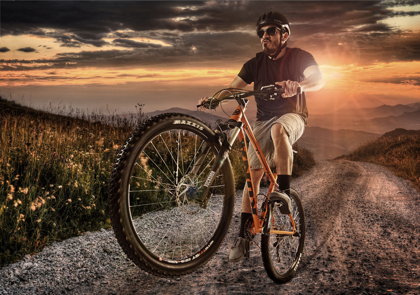 Mountain bike wheelie/sunset/location photography