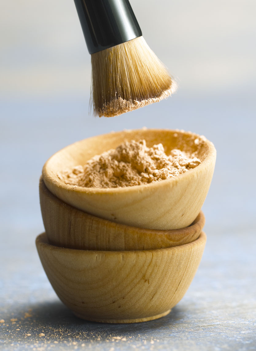 Face powder/stack wood bowls/brush/product photography