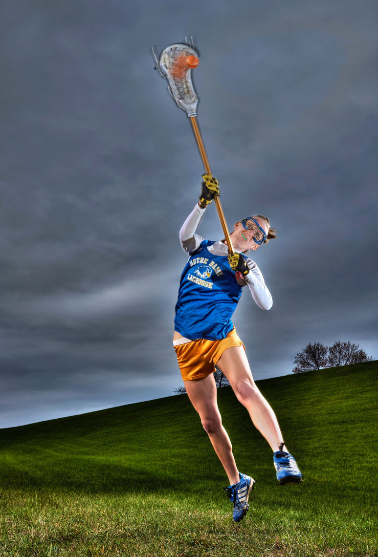 Lacrosse woman/Jumping/dark ominous sky/lifestyle people photography