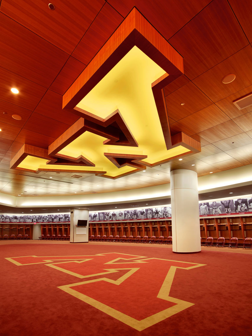 TCF Stadium/M icon/maroon carpet/architectural photo